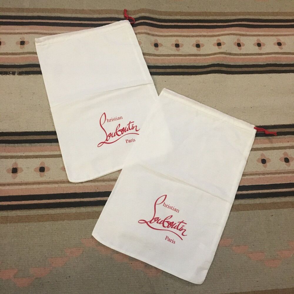 Two (2) Christian Louboutin Paris white w/ red letters & drawstring Dustbag